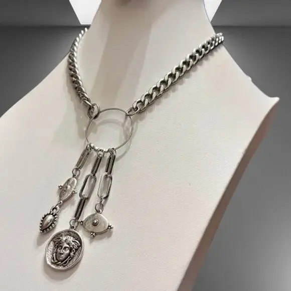 Ancient Greek Coin Medusa Medallion Lariat Steel Necklace - Picture 4 of 7